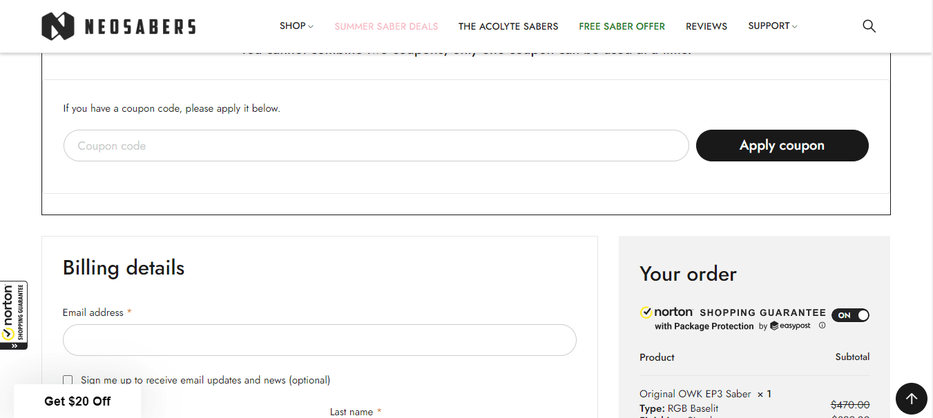 How to apply NEO Sabers coupon code